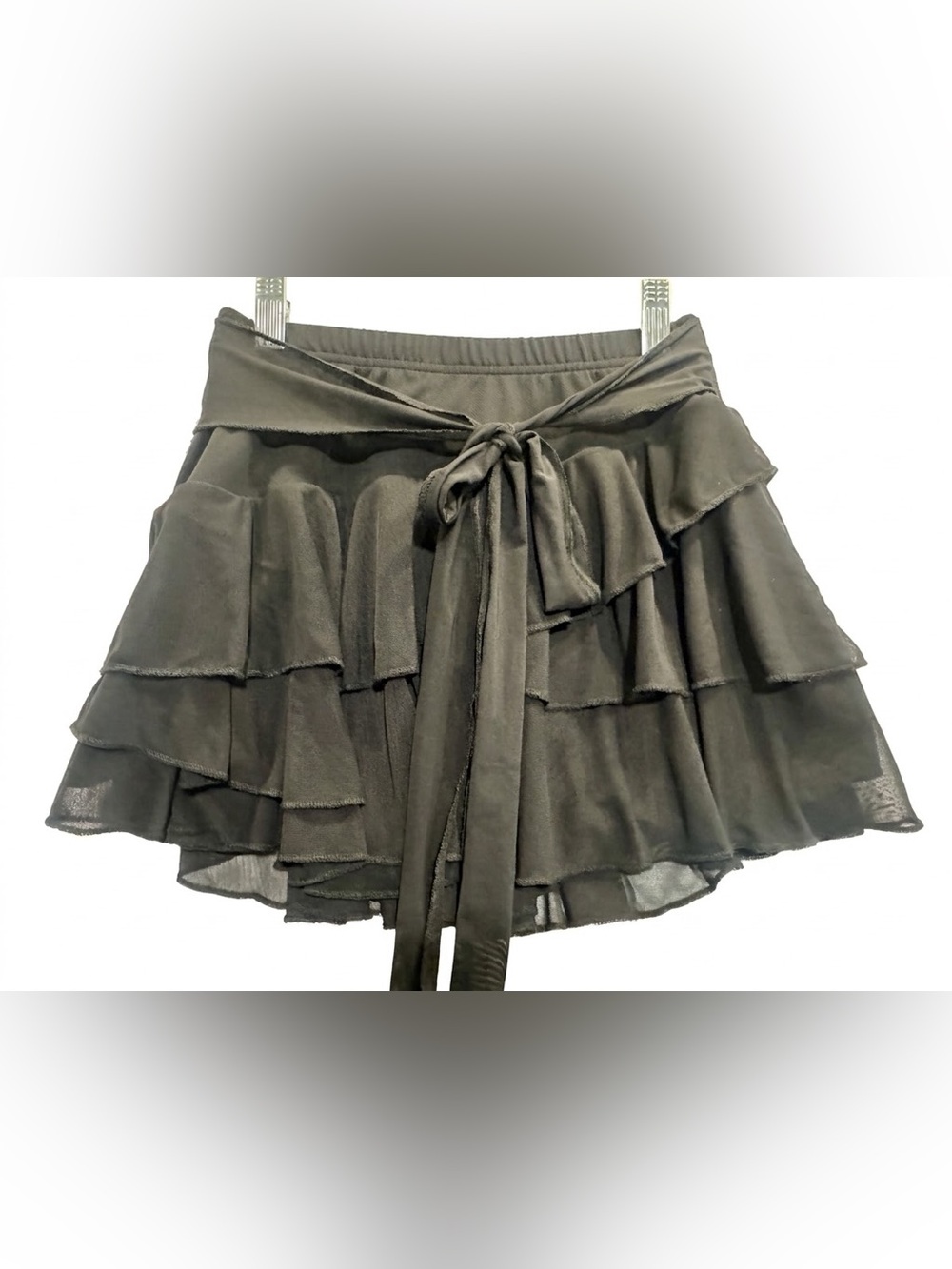 Avidlove Black Mesh Tiered Ruffle Mini Skirt Tie Waist Layered Skort Size S